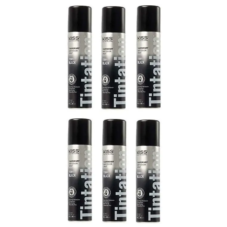 Unisex Haircare Aerosol No Bleach Hair Color Spray - 6-Pack Kiss Tintation TCS01 Black Semi-Permanent Hair Tint Root Touch-Up Cover-Up