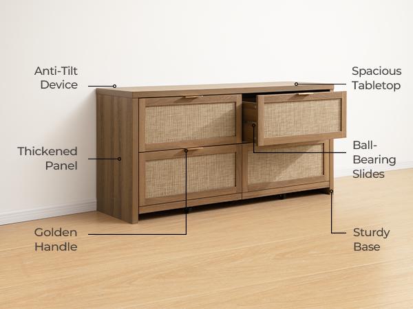 SICOTAS 60.8" Dresser for Bedroom, Rattan Boho Dresser with 4 Deep Drawers, Large Chest of Drawers for Closet,Nursery,Dressers TV Stand for Living Room