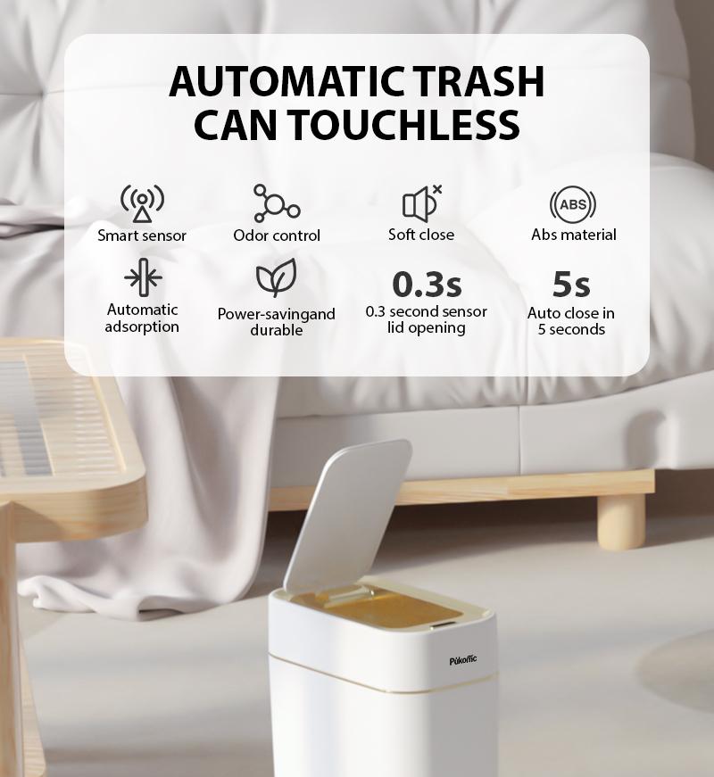 Pukomc Auto-Sensor Trash Bin – Wave & Knee Induction, Quick Voiceless Open, Removable Liner, Battery-Powered Touchless Garbage Can Automatic Dustbin