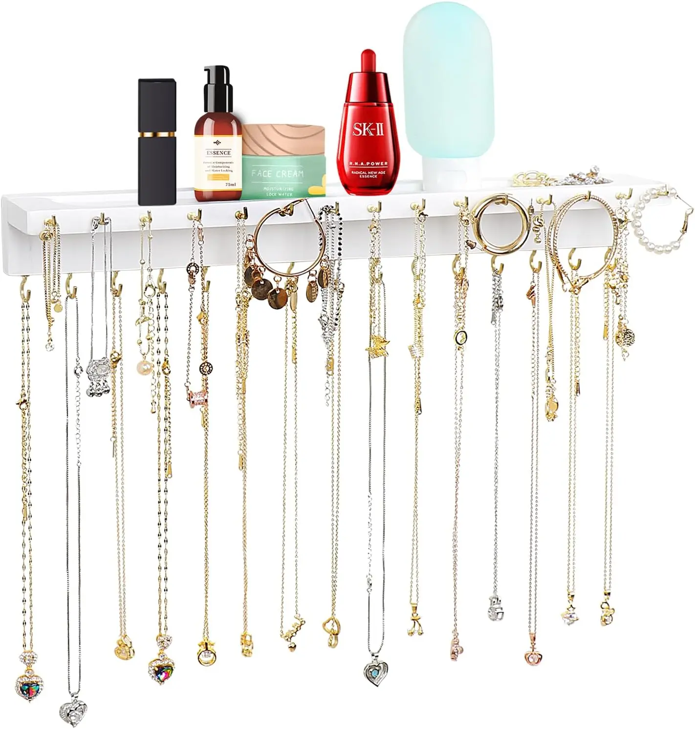 Necklace Holder | Upgraded Extra Large Wall Necklace Organizer with 30 Hooks Wall Mounted Necklace Hanger with Jewelry Tray/Cosmetics Shelf Rustic Pine Wood Holder (White) , crystal necklace holder .