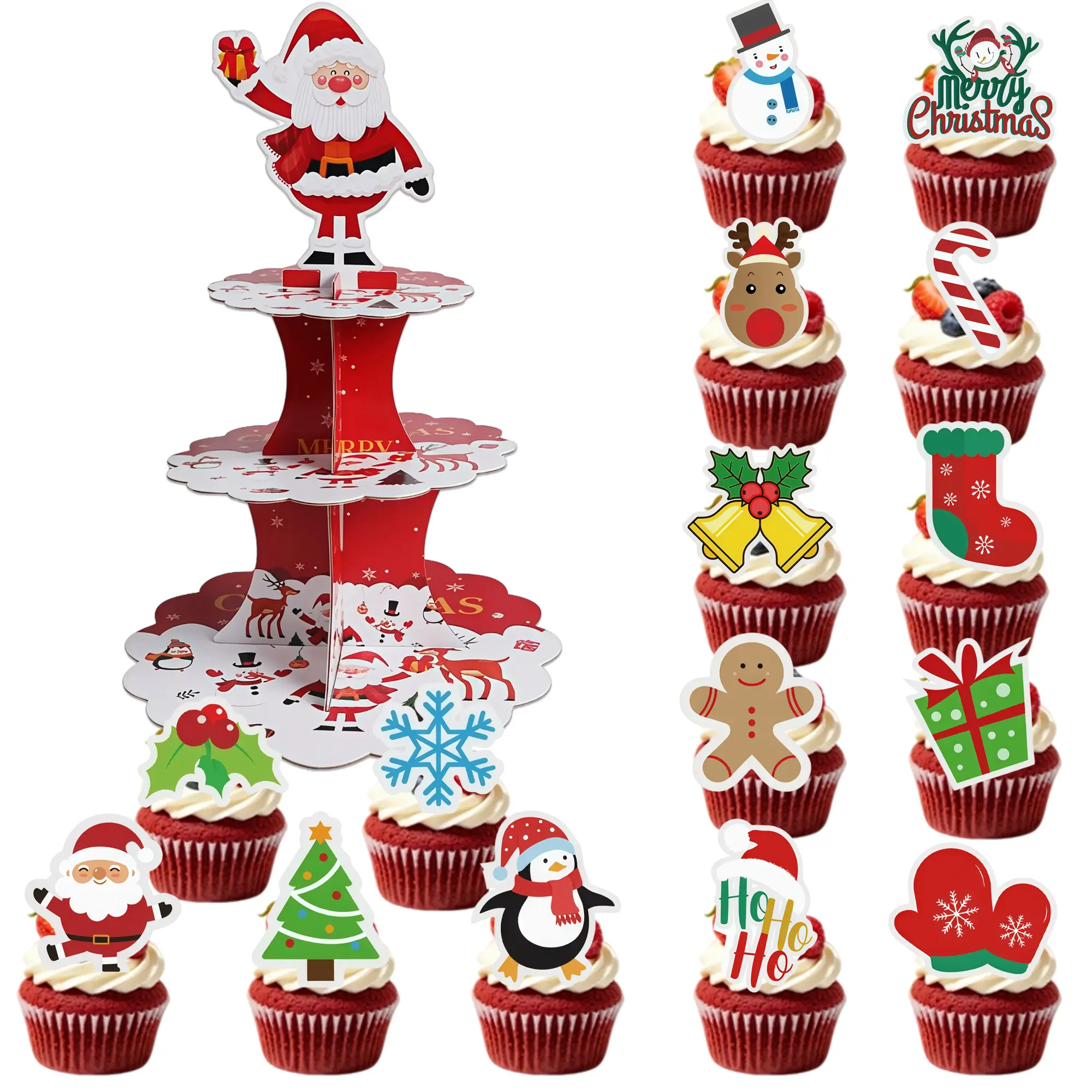 Christmas Cupcake Stand with Santa Design, 3 Tier Holiday Dessert Display Stand for Cupcakes, Cookies & Candy, Christmas Party Table Decorations