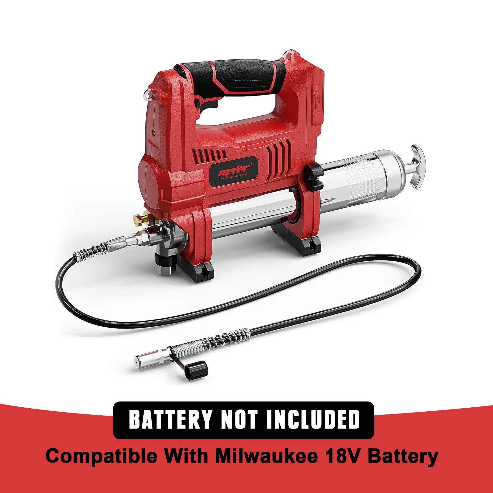 Mellif Power Grease Gun Compatible with Milwaukee 18V Battery (Tool ONLY), 10,000 PSI, Brushless Motor, 5 Variable Speed, 14 OZ Capacity, 30" Hose, Built-in LED, Safety Lock, Low-Voltage Protection