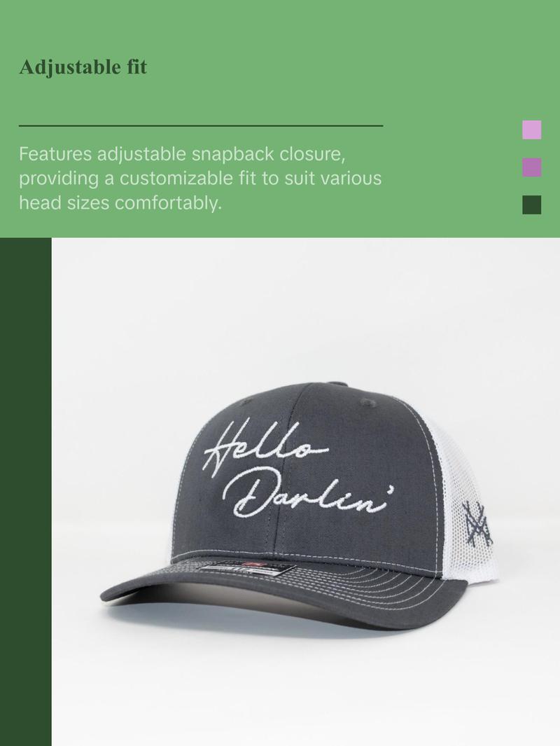 Hello Darlin' MadHatter's Embroidered Snapback Adjustable (Fits Up To A Size 8 Head) Premium Trucker Hat
