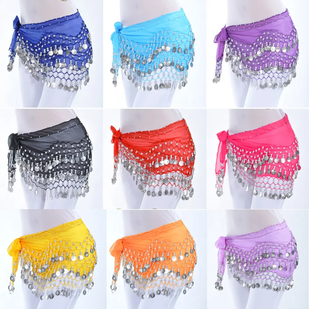 Chiffon Belly Dance Hip Scarf with 128 Silver Coins for a Jingly Loud Sound, Egyptian Style Dance Garment for Women's Practice, 140cm x 26cm, Wrap, Rayon