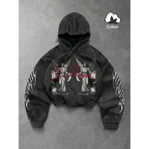 Men's Hooded Sweatshirt with Angel Gothic Print, Vintage Wash Cotton Snowflake, Trendy Streetwear, Casual Fashion, Fall & Winter
