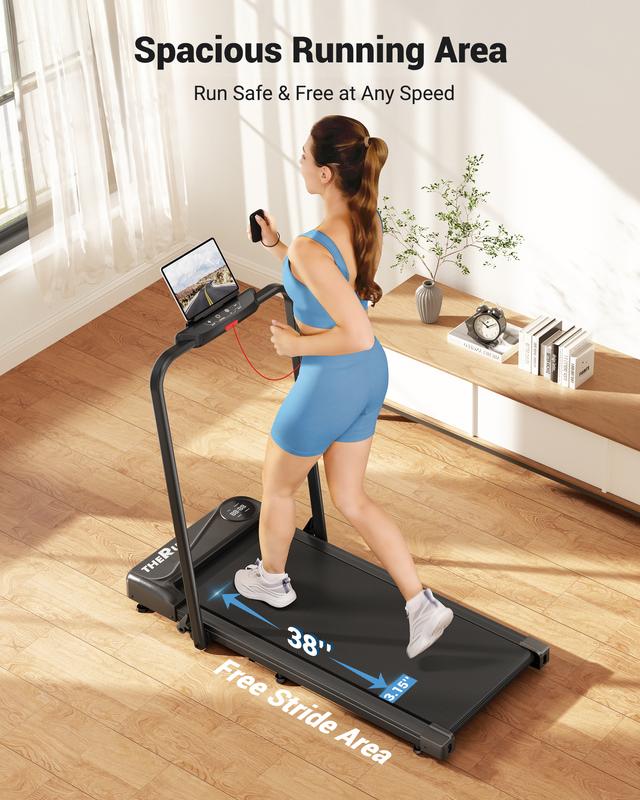 Foldable Walking Pad Treadmill with Handle, Low-Noise Motor 300 lbs Load Shock Absorption LED Display & Remote Control Compact Treadmill for Home & Office Exercise