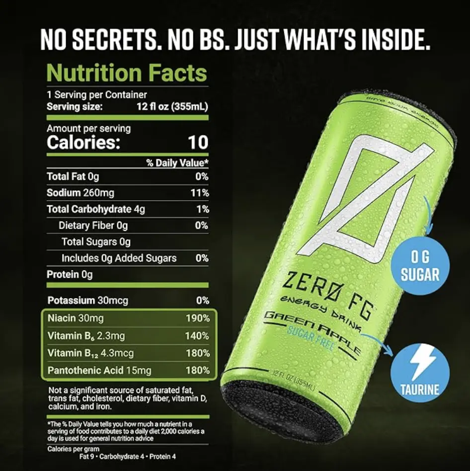 energy drink with l carnitine ZERO FG Energy Drink, 140mg Natural Caffeine from Green Tea Leaves,  Taurine, B-Vitamins, L-Carnitine, 12 fl oz (12 Pack)