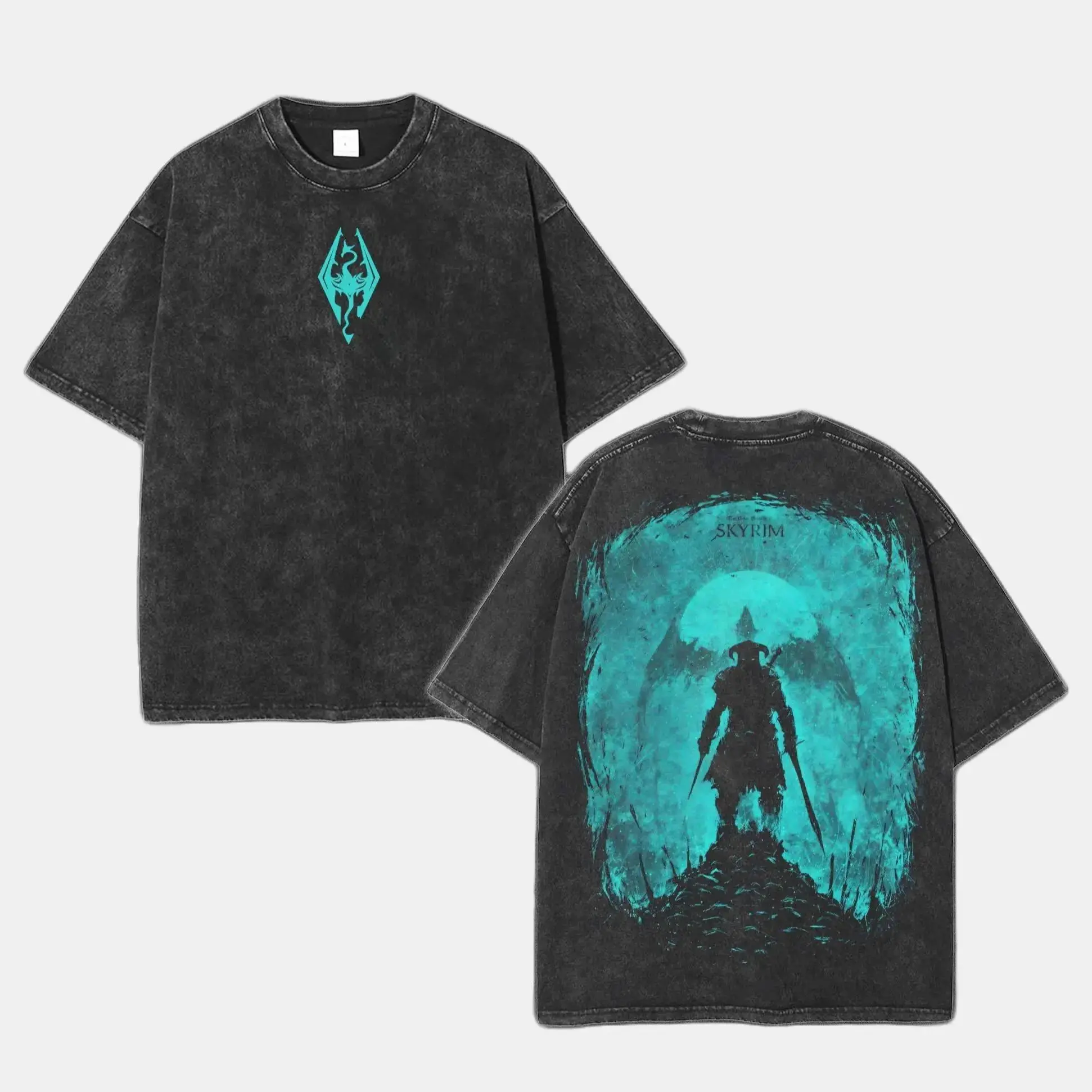 Video Game Fan Unisex T‑shirt, Black Acid‑Wash Front Dragon Emblem Back Skyrim Warrior Silhouette Art Crewneck Tee, Comfort Short‑Sleeve Casual Top, Perfect For Game Night Hangout, Pair with Canvas Crossbody Bag & Retro Sunglasses