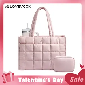 【Valentine's Day Gift】LOVEVOOK Quilted Colorblock Tote Bag for Women – Lightweight Padded Handbag , Large Everyday Work & Travel Tote, Fits Laptop/Tablet, Water Bottle Pocket, Comfortable Shoulder Handles, Stylish Commuter Purse TikTokShopJumpstartSale