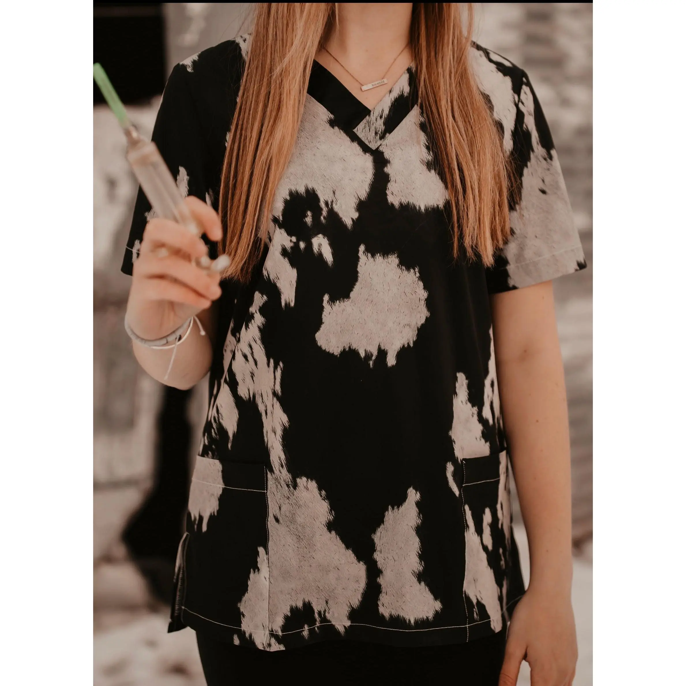Cow Print Scrub Top