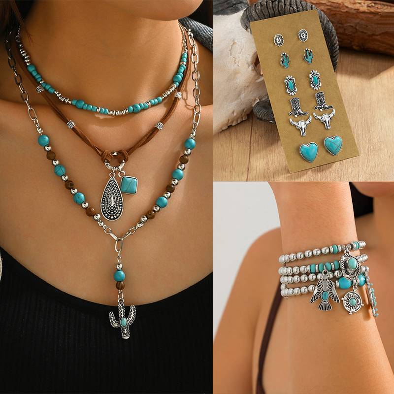 19pcs Bohemian Western Jewelry Set Turquoise Necklace Earrings & Bracelets Set Western Accessories for Women Cowgirl Gifts