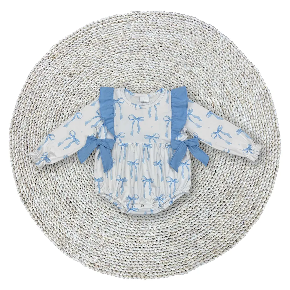 Baby Girls Spring Blue Color Bows Ruffle Long Sleeve Bubble Snaps Rompers