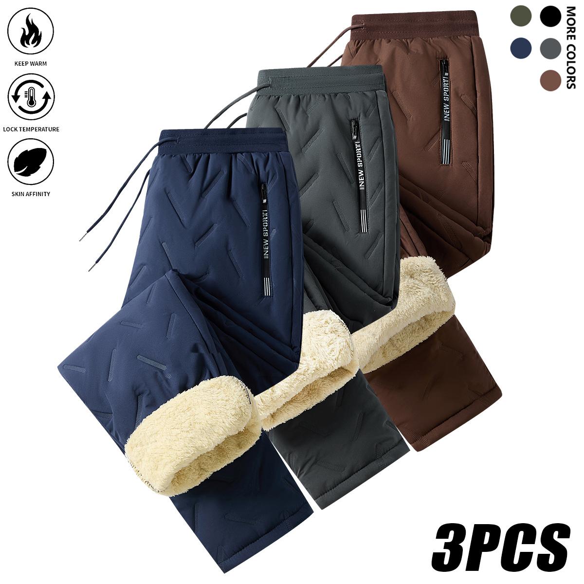 Men's Warm Winter Pants Set - 3 Pack Thick Cotton Trousers with Drawstring Waistband, Black Cold-Resistant for Daily and Formal Wear, Side Pockets - Suitable for Office Work and Outdoor Activities solid drawstring waist sweatpants wind  proof  pants mens