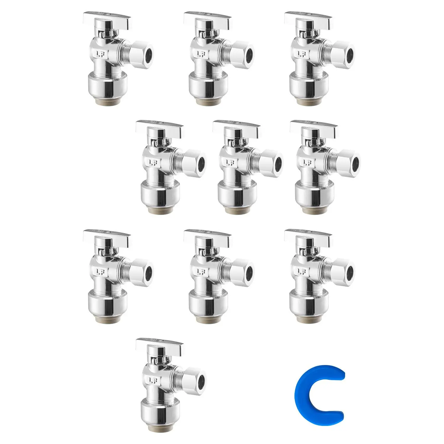 【Summerfinds】VEVOR 10 Pack Angle Stop Valve Push-to-Connect Water Shut Off Valve 1/2" PTC x 3/8" OD Compression1/4 Turn Chrome Plated Brass Shutoff Valves for CopperCPVCPE-RTPEX Pipe