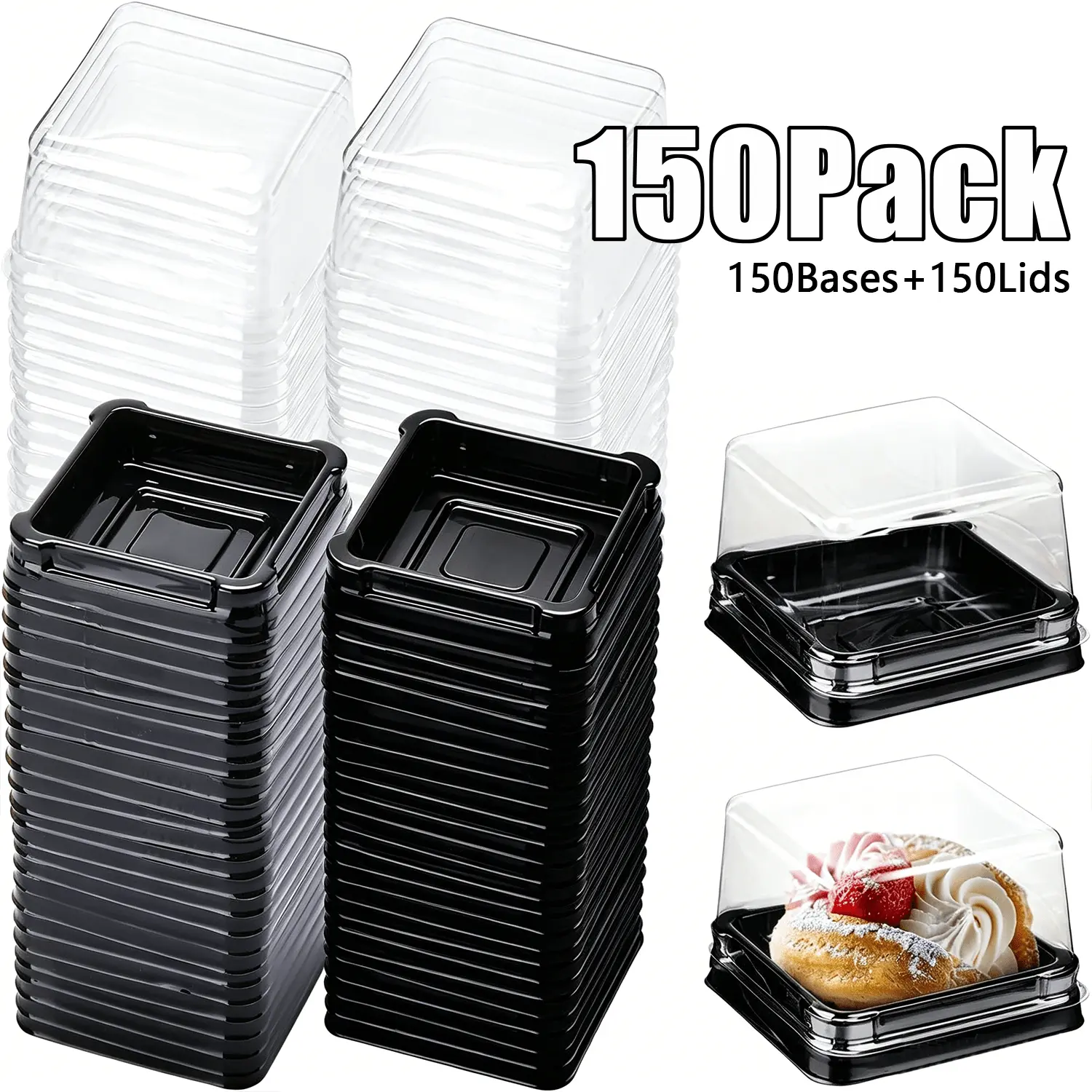 150 Pcs Mini Cake Boxes 3 Inch, Individual Mini Cake Containers, Clear Plastic Dessert Egg-Yolk Puff Mooncake Muffins Box with Lids, Cheesecake Containers for Wedding Birthday Party Favor