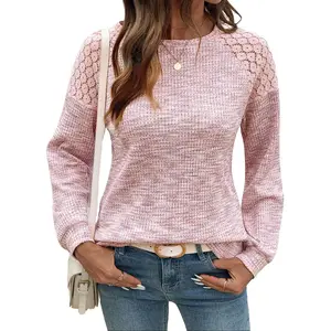 Shewin 2026 Spring Cozy Cottagecore Knit Sweatshirt Waffle Lace Trim Crewneck Long Sleeve Loose Fit Pullover for Daily Casual Chic Feminine Outfits - Clothes