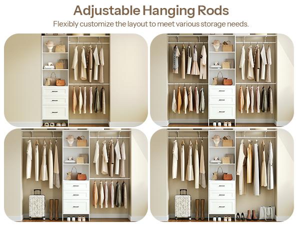 HOOBRO Multifunctional Storage Wardrobe，Closet with Hanging Rods, Closet Storage System, Closet System with 3 Drawers, Walk-in Wardrobe Organizer, Garment Rack, for Bedroom Cloakroom, White