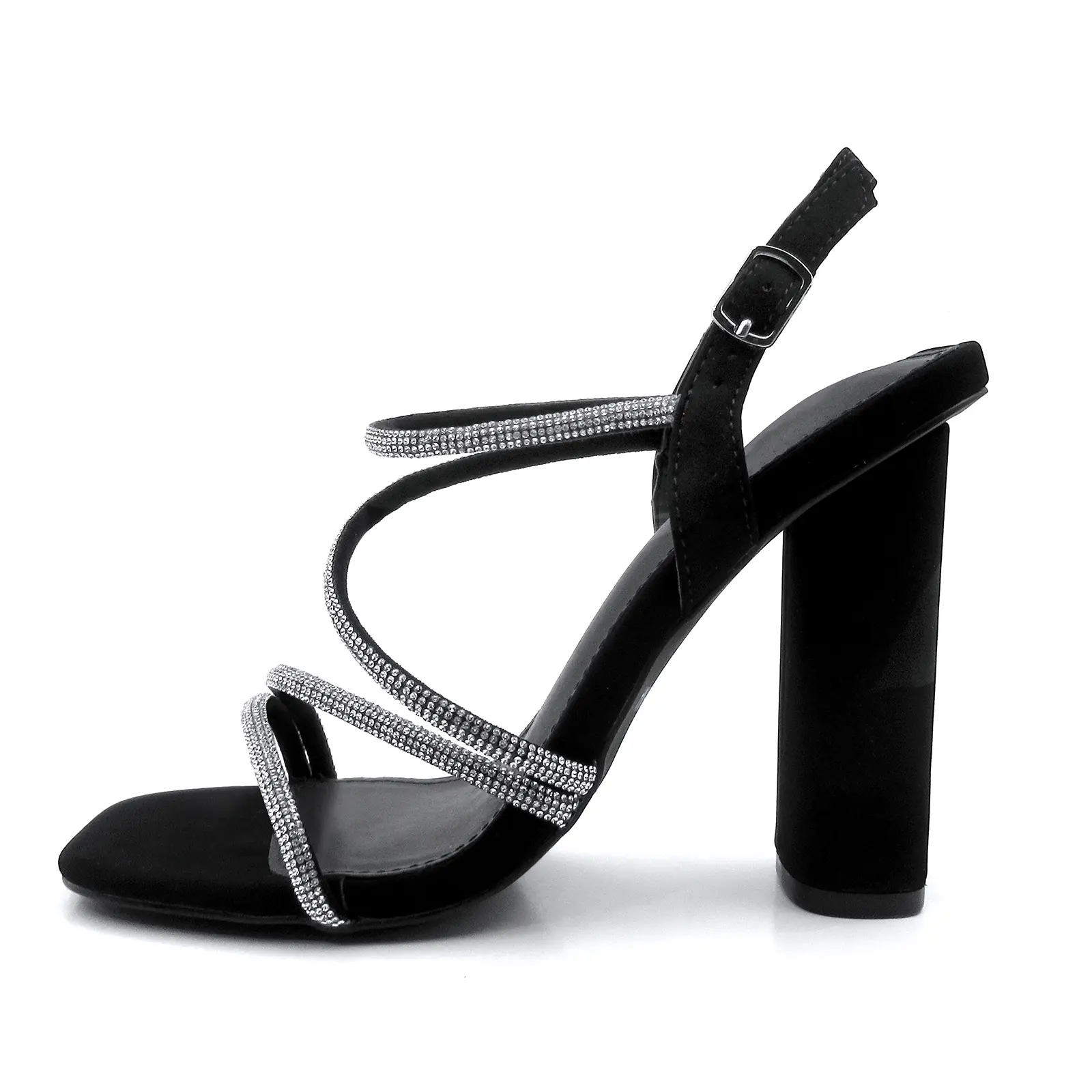 Women's Rhinestone Buckle Strap Heeled Sandals - Elegant Open Square Toe, 3-Inch Block Heels, Cushioned Fabric Insole, Flexible Breathable Ankle Shoes, Heels for Women for Bridal Wedding Parties, Multi-Function Chic Classic Comfortable Statement Footwear,