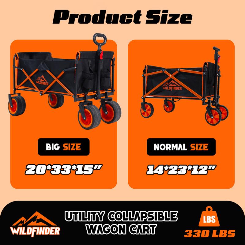 【New Arrival】WildFinder Collapsible Wagon - 330LBS Capacity, Extra Large Foldable Wagon with All-Terrain Wheels, Utility Beach Cart for Outdoor Garden, Black and orange