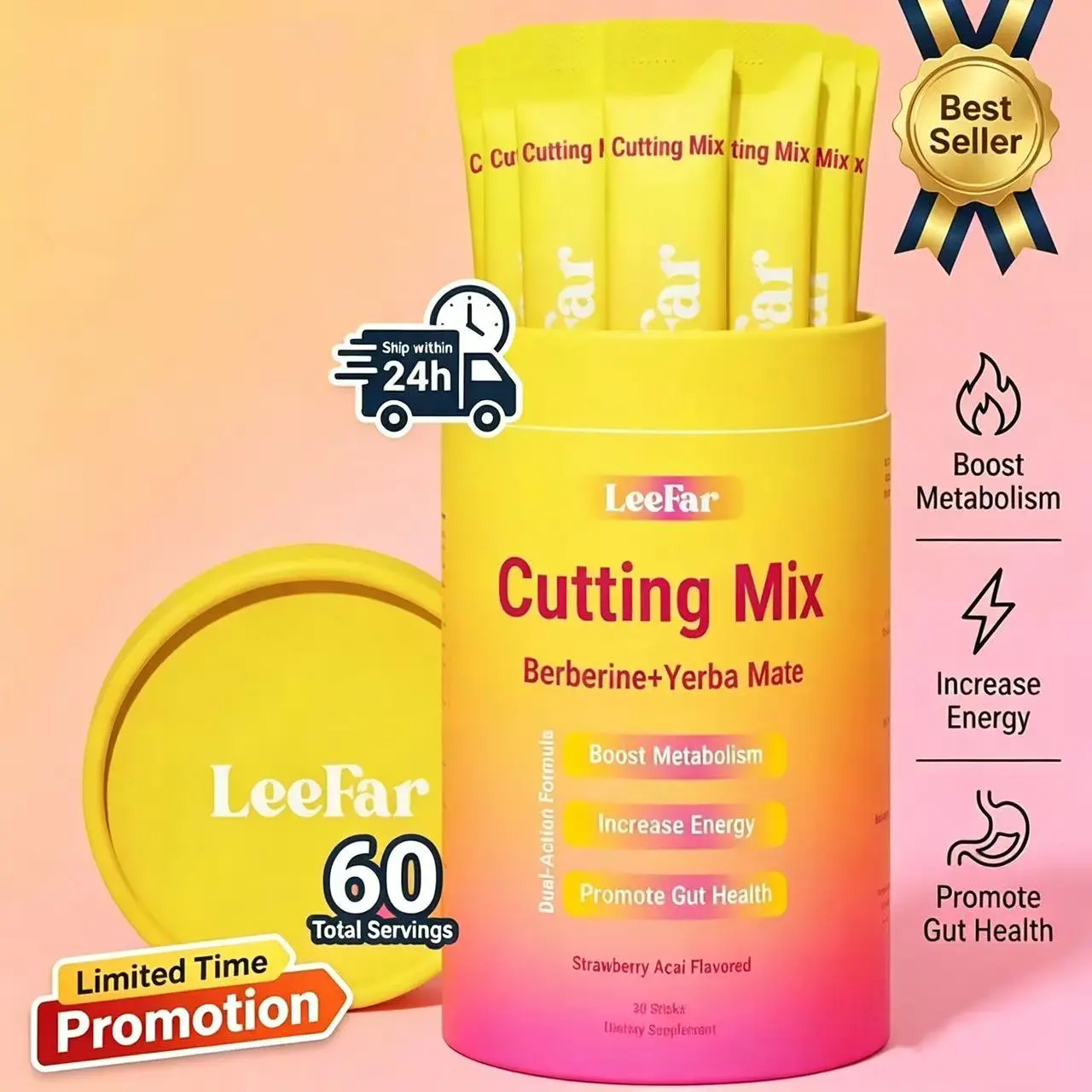 LeeFar Cutting Drink Mix – | Ft Strawberry Açaí Flavor – | (30 Servings)