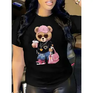 Women's Casual Cartoon Bear Graphic T-Shirt -Black Short Sleeve Round Neck All-Season Stylish Accessories Design Casual Wear Playful Design Comfortable Fit  Golf Gift T-Shirt For Men and Women