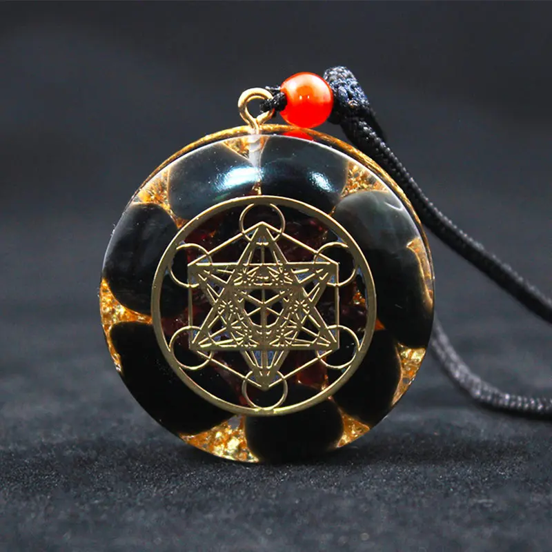 Natural Black Tourmaline Orgonite Energy Talisman Adjustable Pendant with Necklace, Healing Geometry Crystal Amulet for Chakra Protection