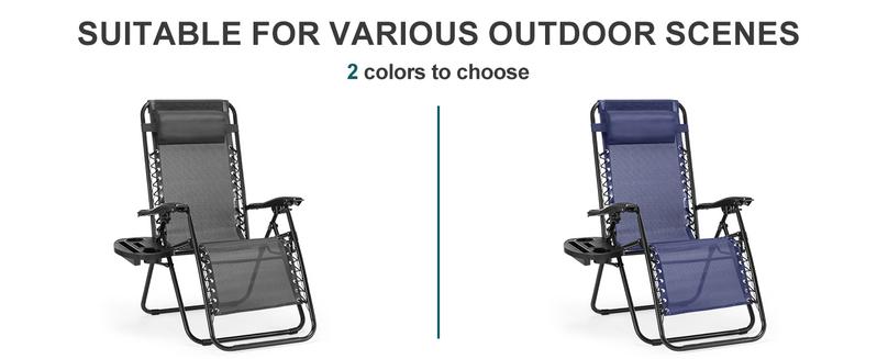 Zero Gravity Set of 2 Folding Lounge Chairs with Cup Holder Trays, Adjustable Pillow, Camping and Poolside Accessory, Outdoor Design