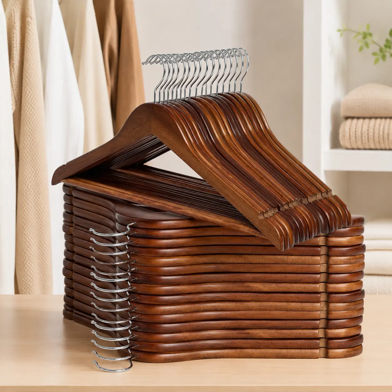 BePatio 17.32" Soild Wooden Coat Hangers,10~30 Pack Clothes Hangers ,Natural Wood Suit Hangers with Non Slip Pant Bar & 360 Degree Rotatable Hook ,Clothes Hangers for Shirts, Jackets, Dress, Pant, Perfect for your closet.,dorm essentials,home decor