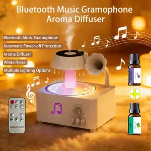 Retro record player style Bluetooth music humidifier with white noise function, includes two bottles of essential oils, multiple natural sound effects, water shortage protection, and ultrasonic rotating raindrop aroma diffuser. A high-end gift.
