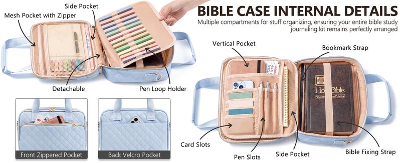 Bible Cover Case for Women, Large Bible Bag Bible Study Supplies Accessories Journaling Kit with Highlighters Tabs, Quilted Book Carrying Cases with Shoulder Strap, Christmas Christian Gifts for Women