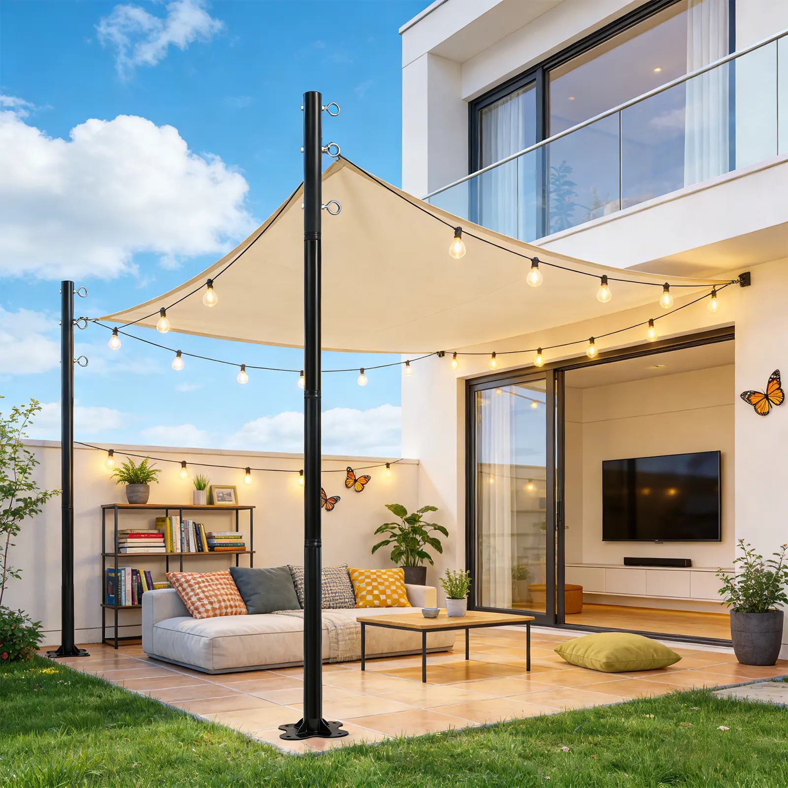 12FT Heavy Duty Sun Shade Sail Poles - Adjustable Outdoor Canopy Posts for Patio, Backyard, Pool, Balcony - Rustproof Steel Pergola Kit with Mounting Hardware