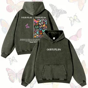 Jesus Butterflies God‘s Plan 380g Autumn VIntage Washed Hoodie Graphic Sweatshirt Unsex Hoodie