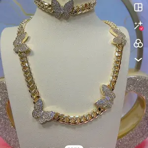 Santiago Jewelry #126 Set Butterfly Sircony Bracelet and Necklace with Elegant Gold-Tone Chain and Sparkling Butterfly Charms