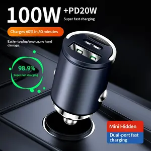 Hidden Vehicle Charger 100W PD/20W Dual Ports Super Fast Charging In-Car Flash Charge Invisible Mini Design