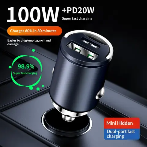 AIPUERNKL Mini Hidden Plug-In Super Fast Car Charger, 100W PD-20W Dual-Port USB-C High Speed Charger, 100W & Above 98.9% Super Fast Charging In-Car Adapter, Charges 60% in 30 Minutes for Modern PD Phones