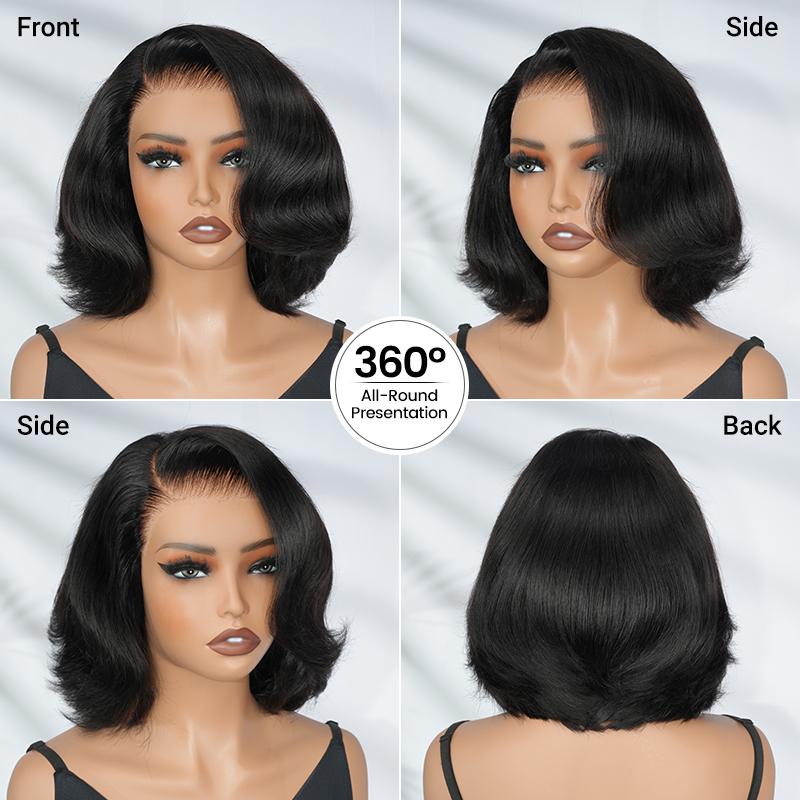 [Spring Must Have] [Side Part] Asteria Hair Glueless Pre-Styled Layered Cut Body Wave and Straight 7×5 HD Transparent Lace Human Hair Wig Pre Bleached Tiny Knots C-Part Short Bob Right Side Part Wig Valentine Musts