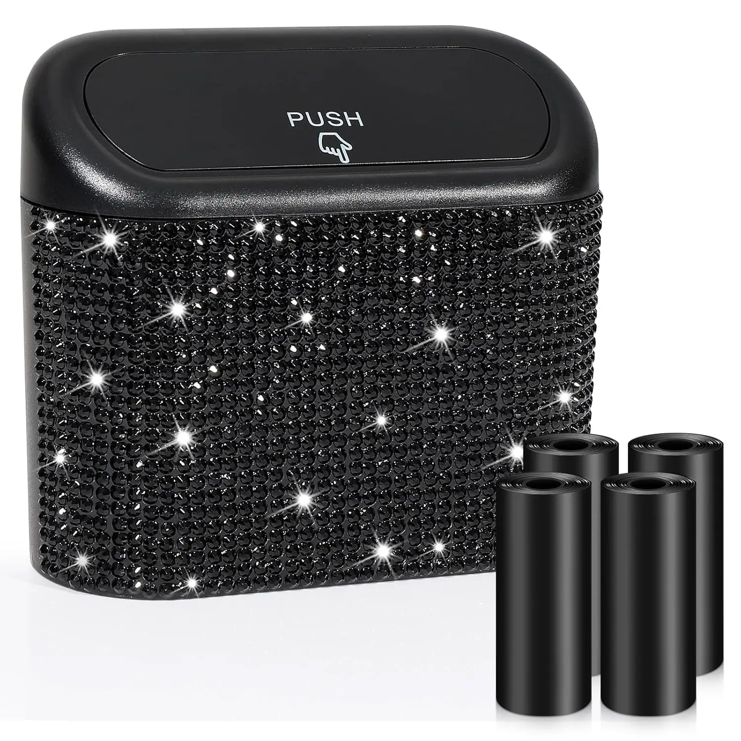 Black Rhinestone Elegant Bling Car Trash Can - 1 Pack Mini Auto Stowing Container with Push-Open Automatic Close Lid, Includes 60 Pcs Garbage Bags & 4 Rolls Ash Bags, Car Interior Tidying Accessory for Ash Disposal