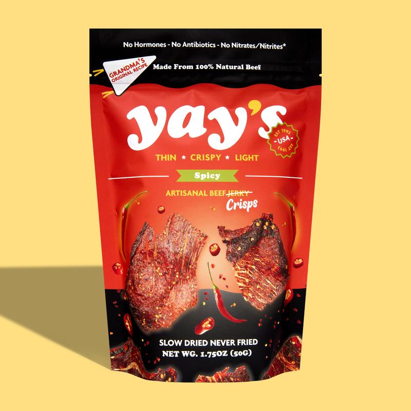 Yay's Spicy Artisanal Beef Crisps - Thin Crispy Light Snack with 24g Protein per Bag - No Hormones No Antibiotics No Nitrates - Slow-Dried for 24 Hours
