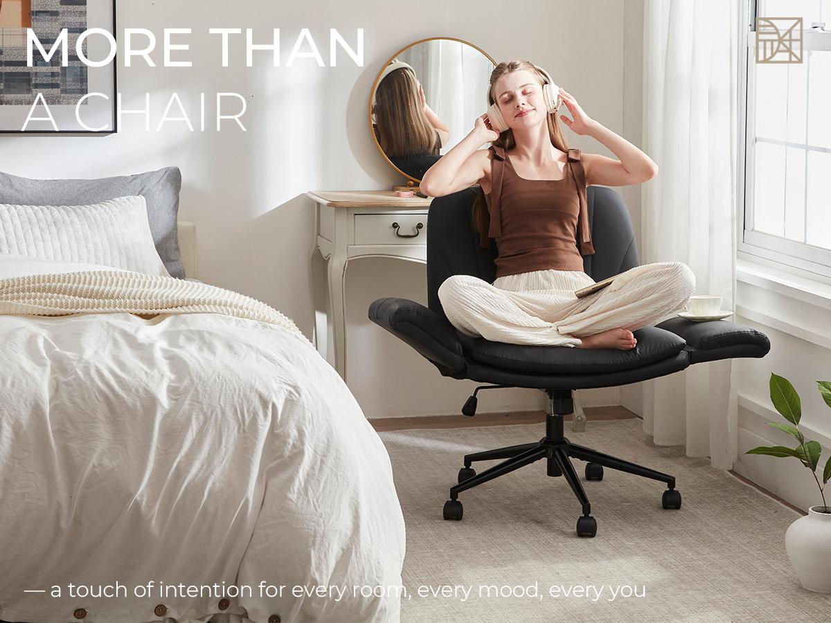 Dowinx Criss Cross Chair with Five-Level Adjustable Arms and Wheels - Comfortable Ergonomic PU Leather Swivel Vanity Chair - Computer Makeup Gaming Chair for Home Office, Bedroom, Living Room