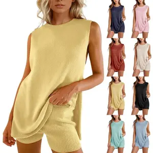WoodBerry Women's 2 Piece Summer Knit Outfits Sleeveless Sweater Tunic Top Matching Shorts Trendy Beach Vacation Sets Womenswear Lounge Clothes