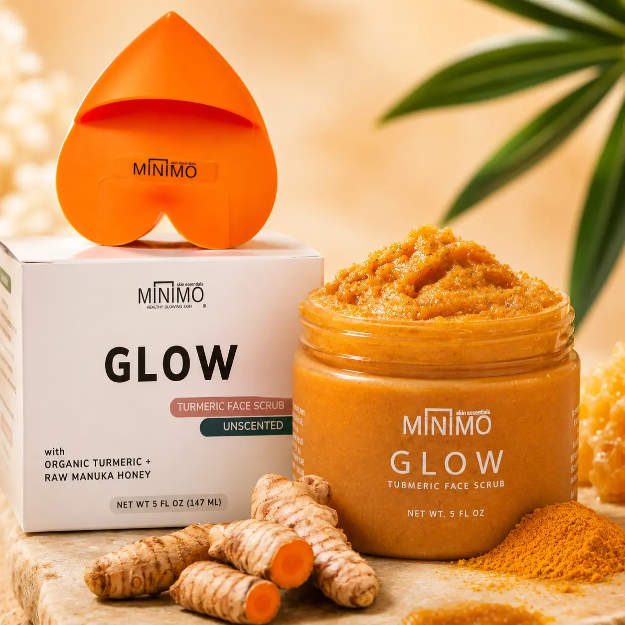 Minimo Glow Organic Turmeric Face Scrub with Applicator - Gentle Skin Exfoliate, Moisturizing Exfoliator for Dry, Sensitive Skin (Targets Dullness, Uneven Tone, Dark Spot Appearance)
