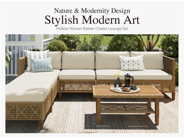 Sophia & William Boho Wicker Patio Furniture Set, 3-Seater / 5-Seater, Outdoor Rattan Sectional Sets Conversation Set - Weather-Resistant, with Dual Storage Coffee Table Acacia Wood Legs for Garden, Patio & Deck