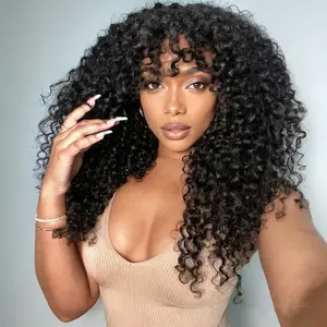 Afro Kinky Curly with Bangs 100% Human Hair Wigs None Lace Front 150% Density Brazilian Virgin Hair Wear and Go Full Machine Made Scalp Top Wig Curly Wigs Natural Color for Black Women Friendly for Beginners