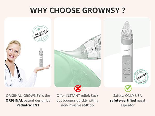 Grownsy Nasal Aspirator for Baby, Electric Nose Aspirator for Toddler, Baby Nose Sucker, Automatic Nose Cleaner with 3 Silicone Tips, Adjustable Suction Level, Music and Light Soothing Function
