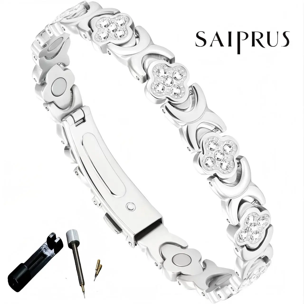 SAIPRUS Women's Elegant 4-Leaf Clover Magnetic Bracelet, 3500 Gauss Pure Copper Bangle with Metal Coating, Includes Built-in Adjustment Tools & Gift Box, Includes Adjustment Tool, Modern, No Warning Applicable, Unisex