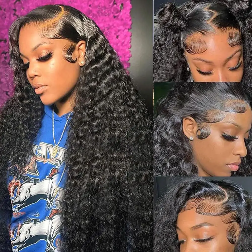 Deep Wave Lace Front Wigs Human Hair 180 Density 13x4 HD Lace Frontal Wigs Human Hair Pre Plucked Deep Curly Wigs Human Hair for Women Natural Black