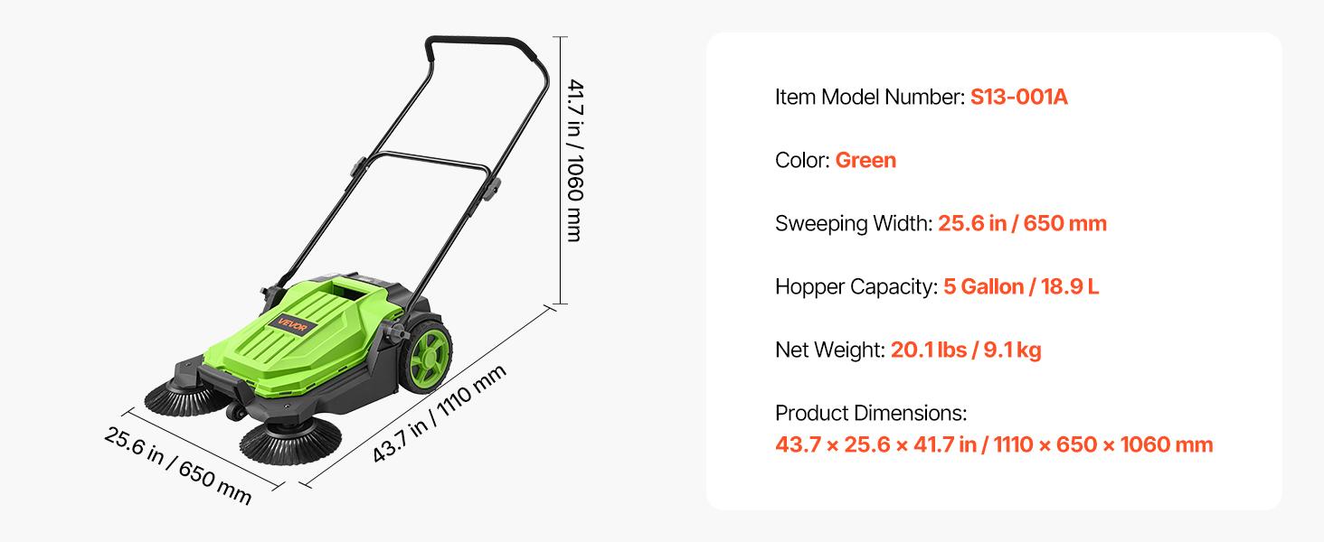 VEVOR Walk-Behind Hand Push Floor Sweeper, Manual Floor Sweeper Non-Electric with 25.6" Sweeping Width, 5 Gallons Waste Container & Adjustable Folding Handle for Yards Walkways Patios Garages - Green VEVOR Walk-Behind Hand Push Floor Sweeper, Manual Floor Sweeper Non-Electric with 25.6" Sweeping Width, 5 Gallons Waste Container & Adjustable Folding Handle for Yards Walkways Patios Garages - Green