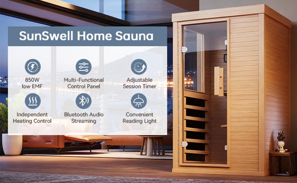 Aoxun Adult 1-Person Canadian Hemlock Wooden Sauna - 850W 120V Indoor Home Natural Look Relaxation Spa, Low-EMF Wellness, Bluetooth Speakers, Control Panel, Half Glass Design, Assembly Required