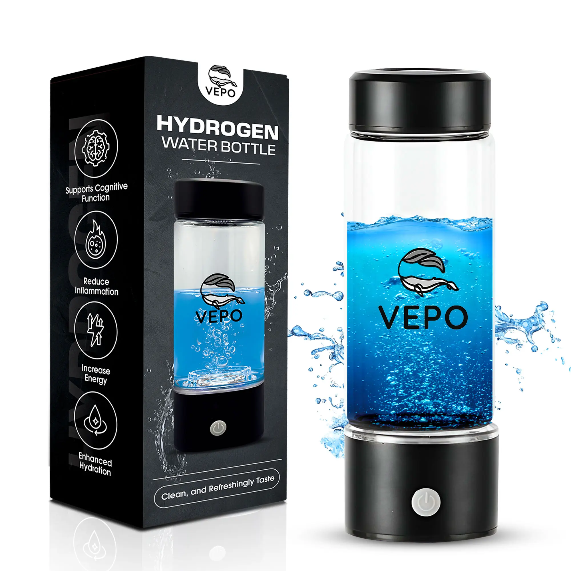 VEPO Portable Hydrogen Water Machine - Hydrogen Water Bottle for Drinking with SPE & PEM Technology for Up to 1200ppb Hydrogen Ions - Supports Cognitive Function, Reduces Inflammation, Increases Energy