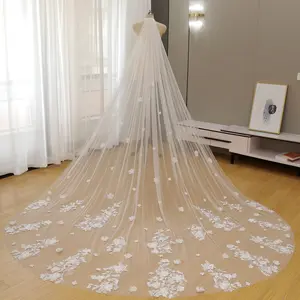 Romantic Cathedral Length Bridal Veil with 3D Scattered Floral Lace Appliques - Sheer Soft Tulle Wedding Veil with Flower Embroidery and Comb for Bride